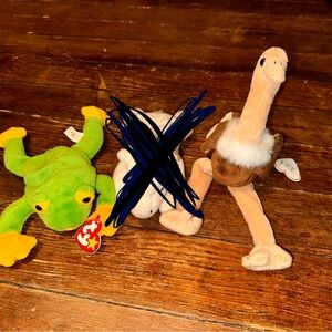 3 TY Beanie Babies Smoochy Frog Mystic Unicorn Stretch Ostrich